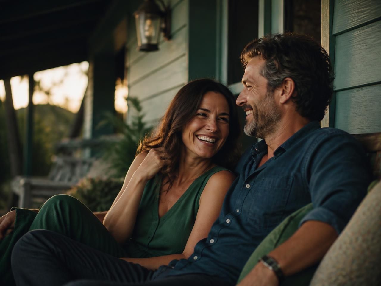 Two adults laughing together on a porch at golden hour